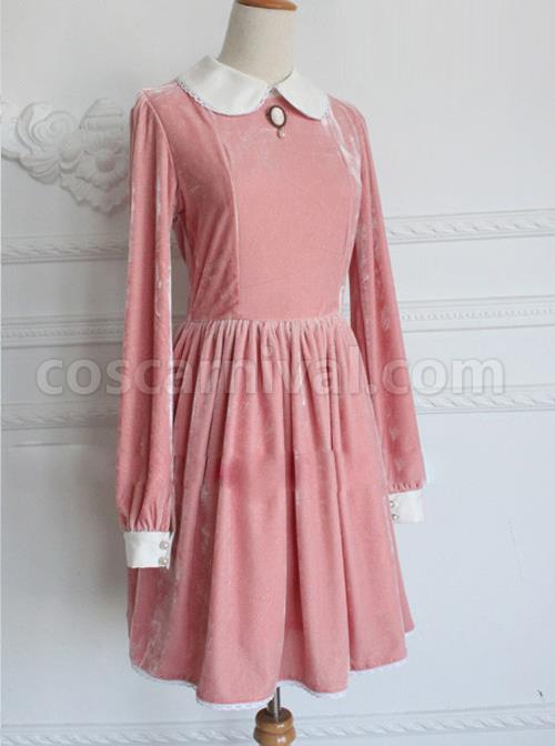 Retro-Pink-Pleuche-Round-Collar-Long-Sleeves-Classic-Lolita-Dress-coscarnival-1071