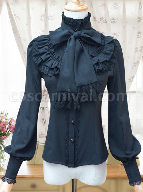 Retro Stand Collar Bowknot Tie Lolita Lantern Sleeve Shirt coscarnival