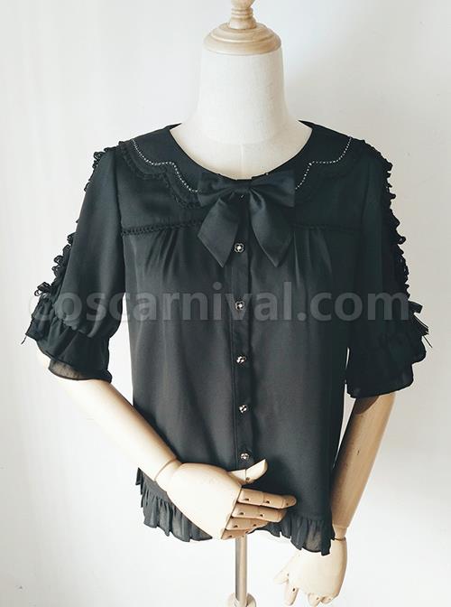 Ribbon Bowknot Ruffle Chiffon Short Sleeve Shirt Sweet Lolita Blouse coscarnival
