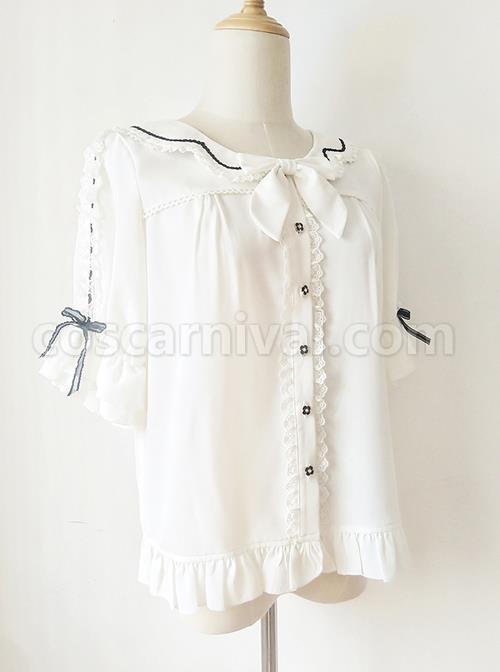 Ribbon Bowknot Ruffle Chiffon Short Sleeve Shirt Sweet Lolita Blouse
