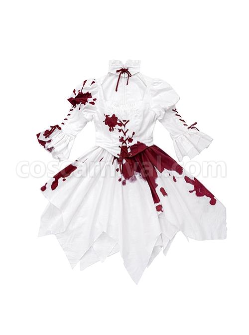 Romeo Series Lacing Stand Collar Chest Hollow Irregular Hem Bloody Gothic Lolita Mid-Sleeved Dress