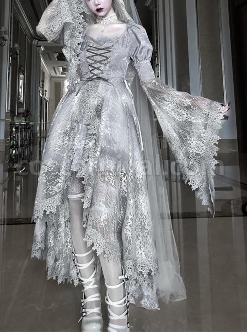 Rose Funeral Series White Gothic Lolita Dirty Dyed Heavy Workmanship Lace Halloween Court Classic Gray Dress coscarnival