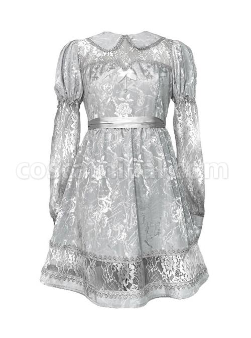 Rose Funeral Series White Gothic Lolita Dirty Dyed Jacquard Cute Doll Collar Long Sleeve Dress coscarnival