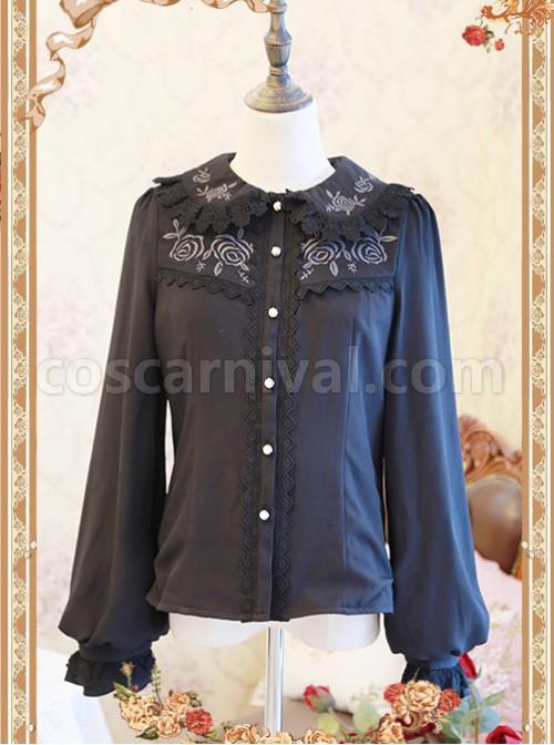 Rose Garden Series Black Thickened Chiffon Embroidery Classic Lolita Shirt coscarnival