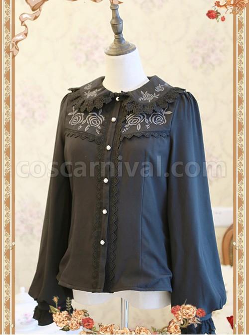Rose Garden Series Black Thickened Chiffon Embroidery Classic Lolita Shirt coscarnival