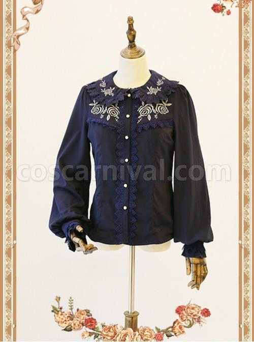 Rose Garden Series Navy Blue Thickened Chiffon Embroidery Classic Lolita Shirt coscarnival
