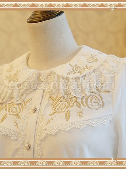 Rose Garden Series White Thickened Chiffon Embroidery Classic Lolita Shirt coscarnival