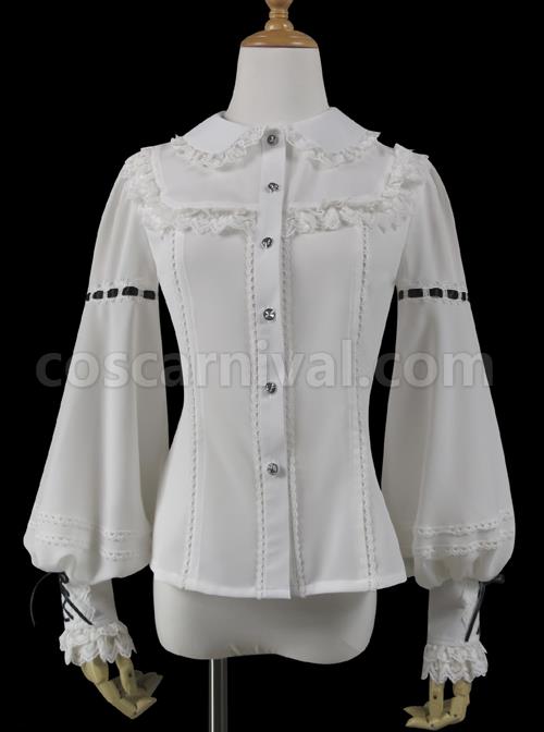 Round Neck Lantern Sleeve Long Sleeve Classic Lolita Lace Chiffon Shirt coscarnival