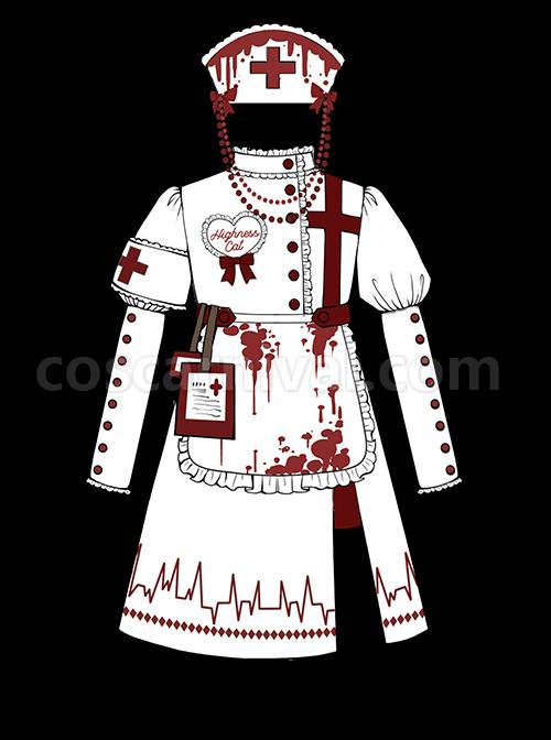 Scarlet Cross Series OP Short Style Blood Printing Halloween Nurse Gothic Lolita Long Sleeve Dress coscarnival