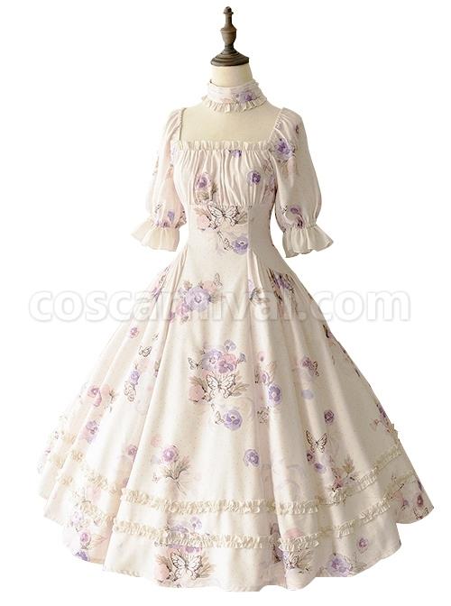 Sen-Department-Fresh-Small-Square-Neck-Rose-Pattern-Print-White-Bubble-Short-Sleeve-Slim-Fit-Classic-Lolita-Dress-coscarnival-4438