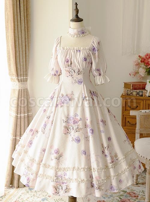 Sen-Department-Fresh-Small-Square-Neck-Rose-Pattern-Print-White-Bubble-Short-Sleeve-Slim-Fit-Classic-Lolita-Dress-coscarnival-4440