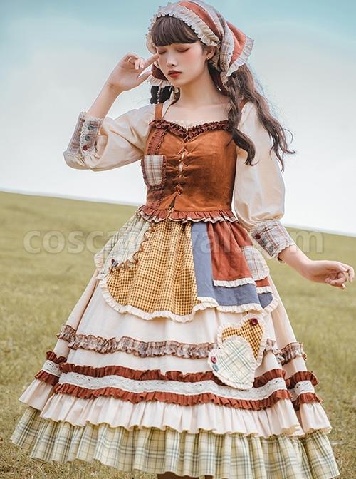 Shepherdess-Series-Nordic-Pastoral-Style-Square-Collar-Lace-Plaid-Hem-Suede-Vest-Splicing-Plaid-Apron-Classic-Lolita-Long-Sleeved-Dress-Suit-coscarnival-4439