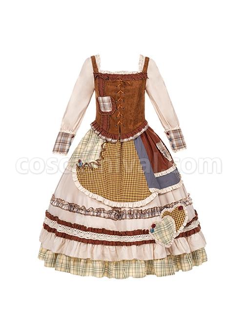 Shepherdess-Series-Nordic-Pastoral-Style-Square-Collar-Lace-Plaid-Hem-Suede-Vest-Splicing-Plaid-Apron-Classic-Lolita-Long-Sleeved-Dress-Suit-coscarnival-4443
