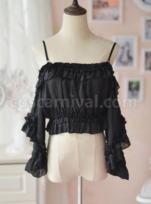 Silver-silk Chiffon Ruffle Flare Sleeve Off-shoulder Lolita Shirt coscarnival
