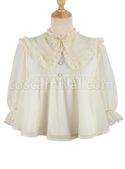Simple Daily Chiffon Cute Pleated Lace Doll Neckline Button Decoration Short Sleeve Classic Lolita Blouse coscarnival
