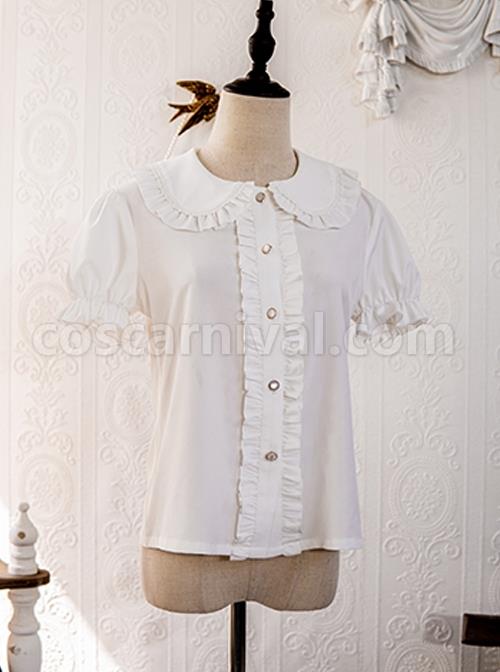 Simple Routine Pure White Pleated Trim Cute Puff Sleeves Classic Lolita Shirt coscarnival