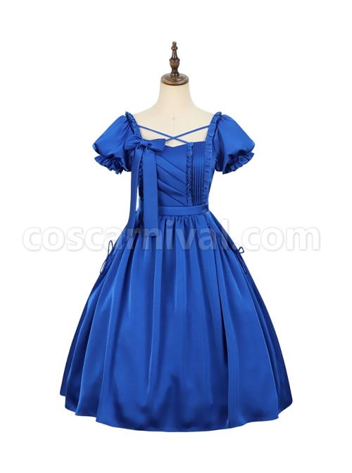Simple-Solid-Color-Klein-Blue-OP-Pleated-Lace-Bow-Knot-Decoration-Cross-Straps-Classic-Lolita-Short-Sleeve-Dress-Set-coscarnival-4928