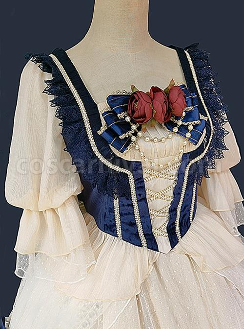 Snow White Series Dark Blue Short Flannel Palace-Style Design Decorative Beige Cross Straps Classic Lolita Pleated Lace Princess Blouse coscarnival