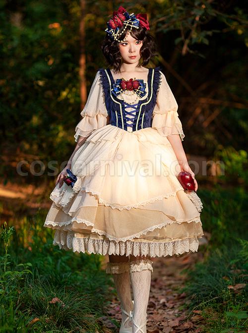 Snow White Series Dark Blue Short Flannel Palace-Style Design Decorative Beige Cross Straps Classic Lolita Pleated Lace Princess Blouse coscarnival