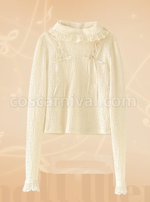 Solid Color Classic Lolita Cross Rope Bowknot Pleated Knitted Lace Turtleneck Long-Sleeved Shirt coscarnival
