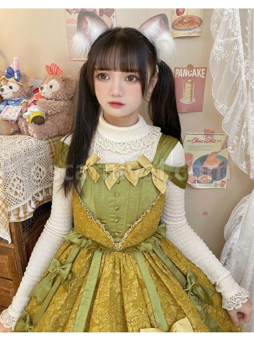 Solid Color Classic Lolita Cross Rope Bowknot Pleated Knitted Lace Turtleneck Long-Sleeved Shirt coscarnival