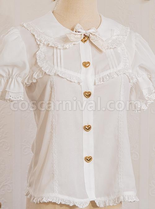 Solid Color Cute Bear Ear Design Lace Bow Knot Doll Neckline Metal Heart Button Decoration Sweet Lolita Short Sleeve Shirt coscarnival
