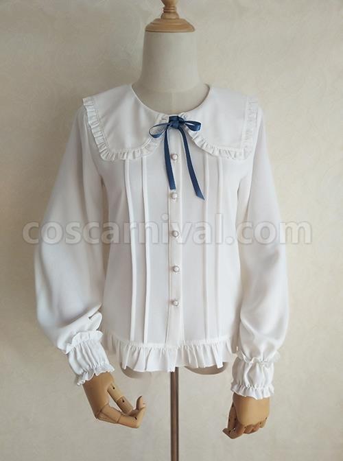 Solid Color Daily All-Match Loose Ruffle Lapel Chiffon Classic Lolita Long-Sleeved Shirt coscarnival