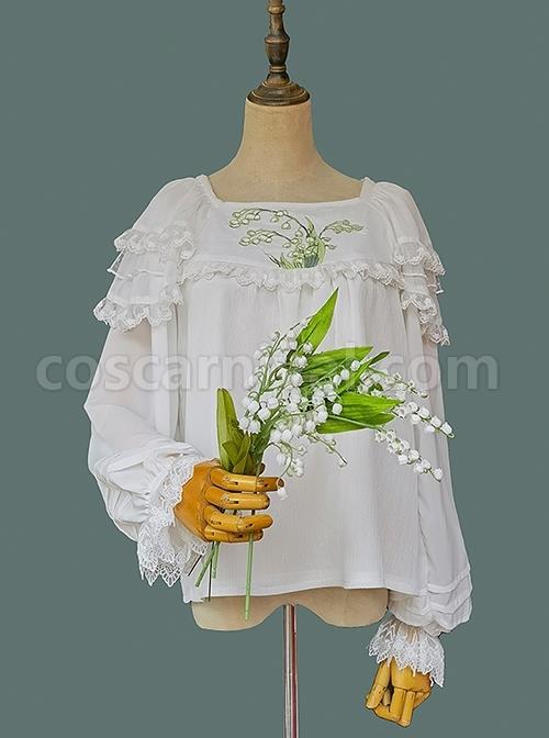 Solid Color Embroidered Doll Collar Puff Sleeve Bottom Classic Lolita Chiffon Long Sleeve Shirt coscarnival