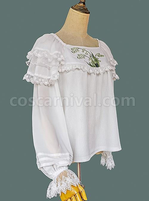 Solid Color Embroidered Doll Collar Puff Sleeve Bottom Classic Lolita Chiffon Long Sleeve Shirt coscarnival