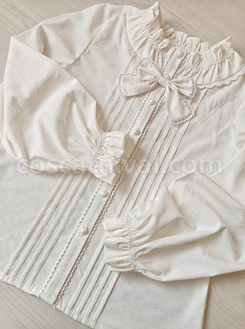 Solid Color Lace Ruffle Round Neck Daily Versatile Classic Lolita Long-Sleeved Shirt coscarnival