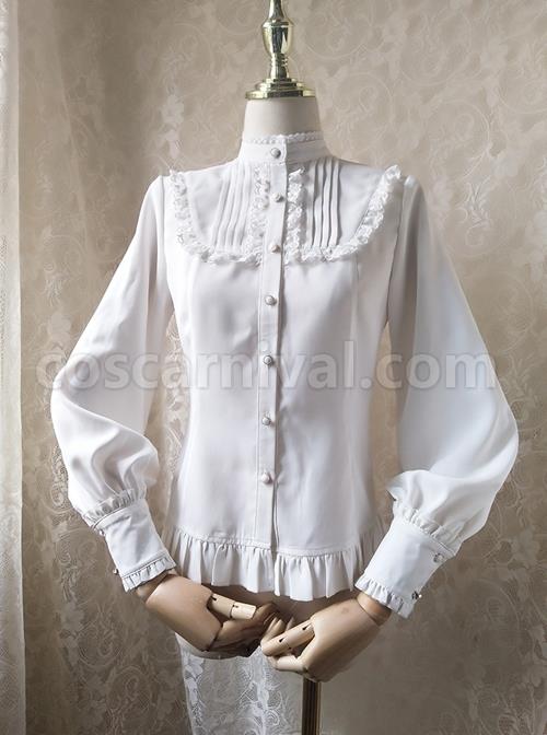 Solid Color Lace Stand Collar Daily Classic Lolita All-Match Spring Autumn Long-Sleeved Shirt coscarnival
