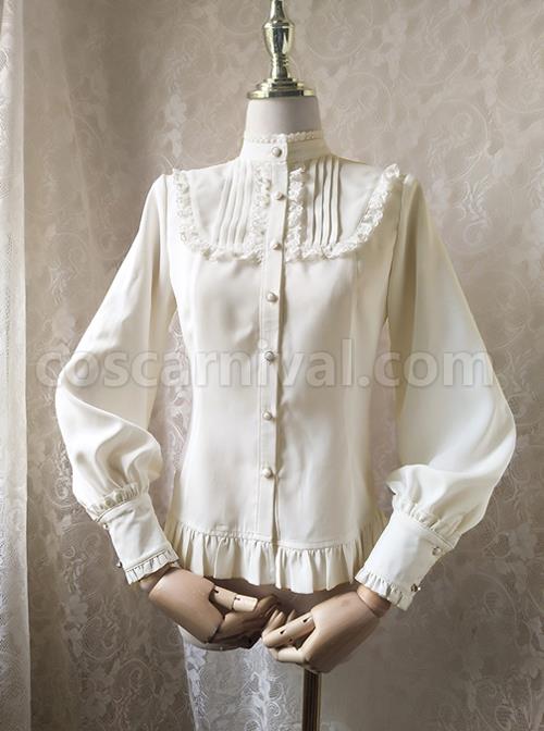 Solid Color Lace Stand Collar Daily Classic Lolita All-Match Spring Autumn Long-Sleeved Shirt coscarnival