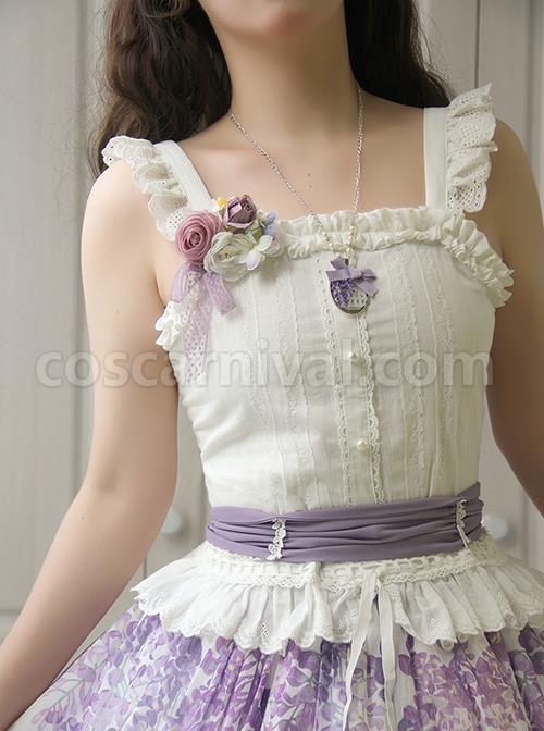 Solid Color Pleated Lace Trim Cute Three-Dimensional Lace Flower Decoration Classic Lolita Short Halter Top coscarnival