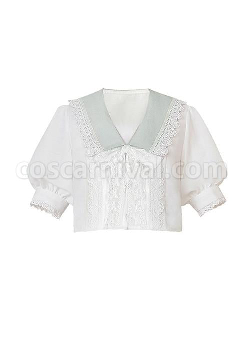 Solid Exquisite Lace Jacquard Embroidery Design V-Neck Bow Knot Lantern Sleeve Classic Lolita White Blouse coscarnival