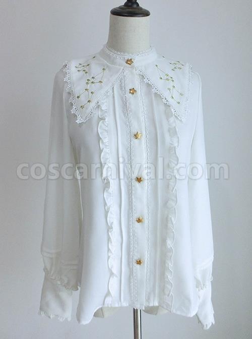 Spring Autumn Gold Thread Constellation Embroidery Lace Lapel Exquisite Star Buttons Simple JK Uniform Classic Lolita Long-Sleeved Shirt coscarnival