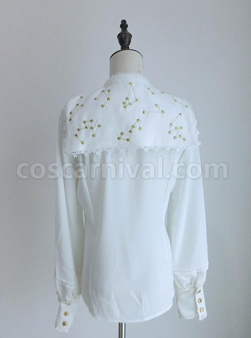 Spring Autumn Gold Thread Constellation Embroidery Lace Lapel Exquisite Star Buttons Simple JK Uniform Classic Lolita Long-Sleeved Shirt