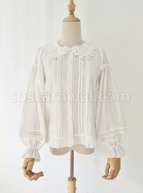 Spring Summer Pure Color Lace Doll Collar Ruffled All-Match Classic Lolita Long-Sleeved Shirt coscarnival