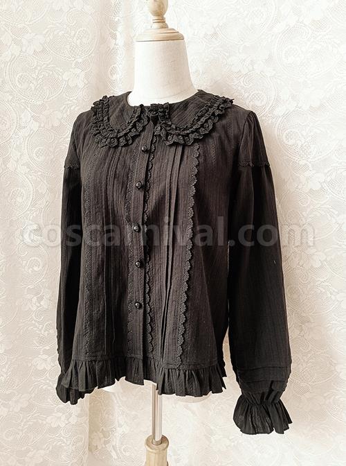 Spring Summer Pure Color Lace Doll Collar Ruffled All-Match Classic Lolita Long-Sleeved Shirt coscarnival