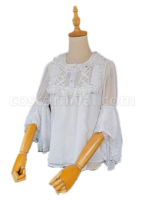 Spring Translucent Stitching Lace Trumpet Sleeve Lacing Chiffon Loose Classic Lolita Mid-Sleeve Shirt coscarnival