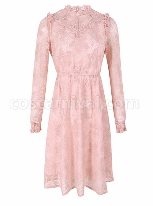 Stand-Collar-High-Waist-Lace-Long-Sleeve-A-line-Dress-coscarnival-4923