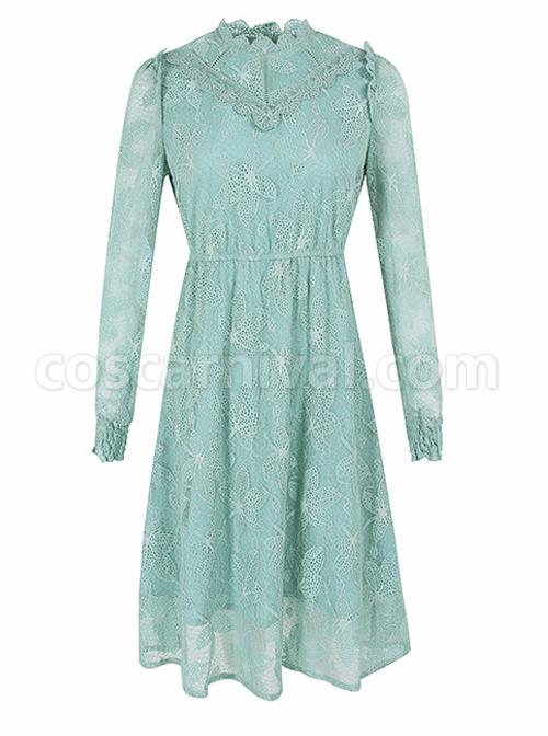 Stand-Collar-High-Waist-Lace-Long-Sleeve-A-line-Dress-coscarnival-4925