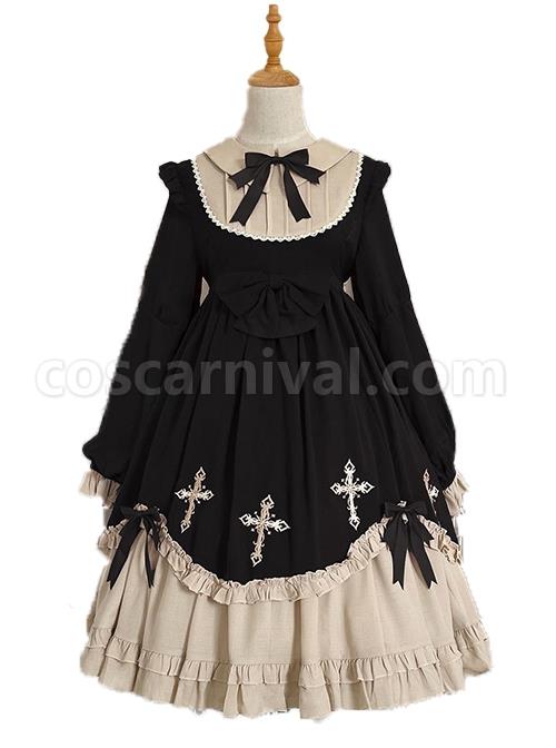 Starry Night Series Round Neck Bowknot Cute Girly Cross Embroidery Ruffle Hem Gothic Lolita Long Sleeve Dress