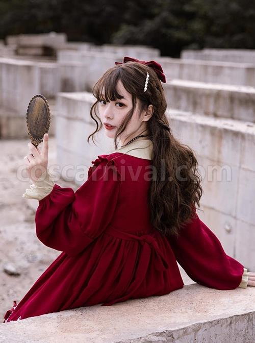 Starry Night Series Round Neck Bowknot Cute Girly Cross Embroidery Ruffle Hem Gothic Lolita Long Sleeve Dress