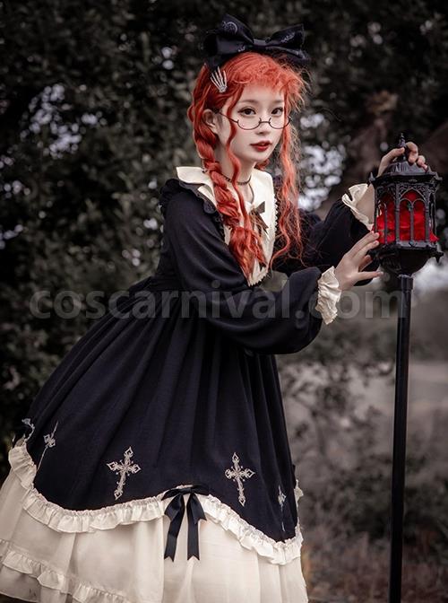 Starry Night Series Round Neck Bowknot Cute Girly Cross Embroidery Ruffle Hem Gothic Lolita Long Sleeve Dress