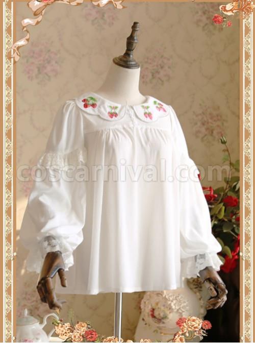 Strawberry Embroidery Series Double-sided Wear White Chiffon Lolita Long Sleeve Shirt coscarnival