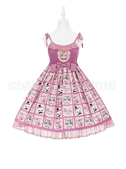 Striped-Cat-Lattice-Print-Bow-Belt-Classic-Lolita-Sleeveless-Dress-coscarnival-2028