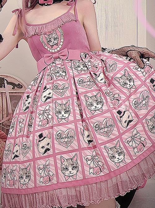 Striped-Cat-Lattice-Print-Bow-Belt-Classic-Lolita-Sleeveless-Dress-coscarnival-2046