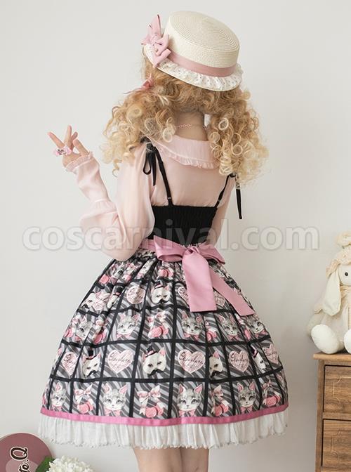 Striped-Cat-Lattice-Print-Bow-Belt-Classic-Lolita-Sleeveless-Dress-coscarnival-2061