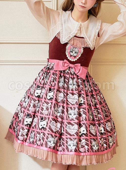 Striped-Cat-Lattice-Print-Bow-Belt-Classic-Lolita-Sleeveless-Dress-coscarnival-2066