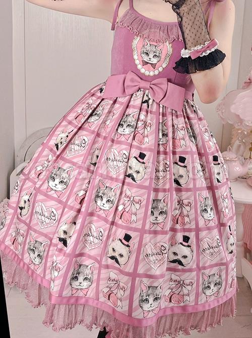 Striped-Cat-Lattice-Print-Bow-Belt-Classic-Lolita-Sleeveless-Dress-coscarnival-2076